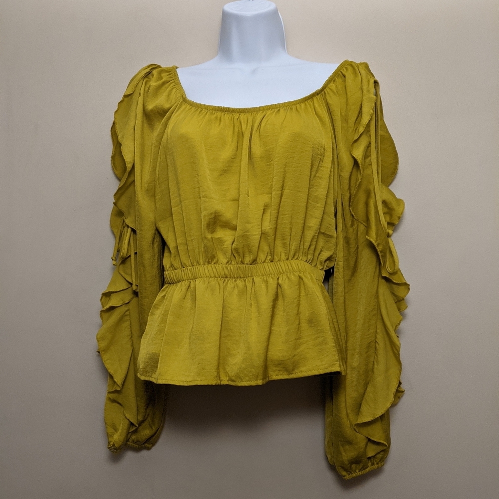 London Rose Lime Green Ruffle long Sleeve Top M New